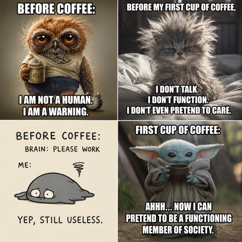 A four-panel coffee meme collage showing exhausted and dysfunctional characters before caffeine kicks in. One panel features a tired owl holding a coffee mug labeled “HELP,” another shows a grumpy disheveled kitten in bed, a cartoon blob melting from mental exhaustion, and a Baby Yoda-style character happily drinking coffee. Each panel includes humorous captions about being useless before the first cup of coffee. The overall mood is funny, relatable, and centered around coffee addiction and morning struggles.