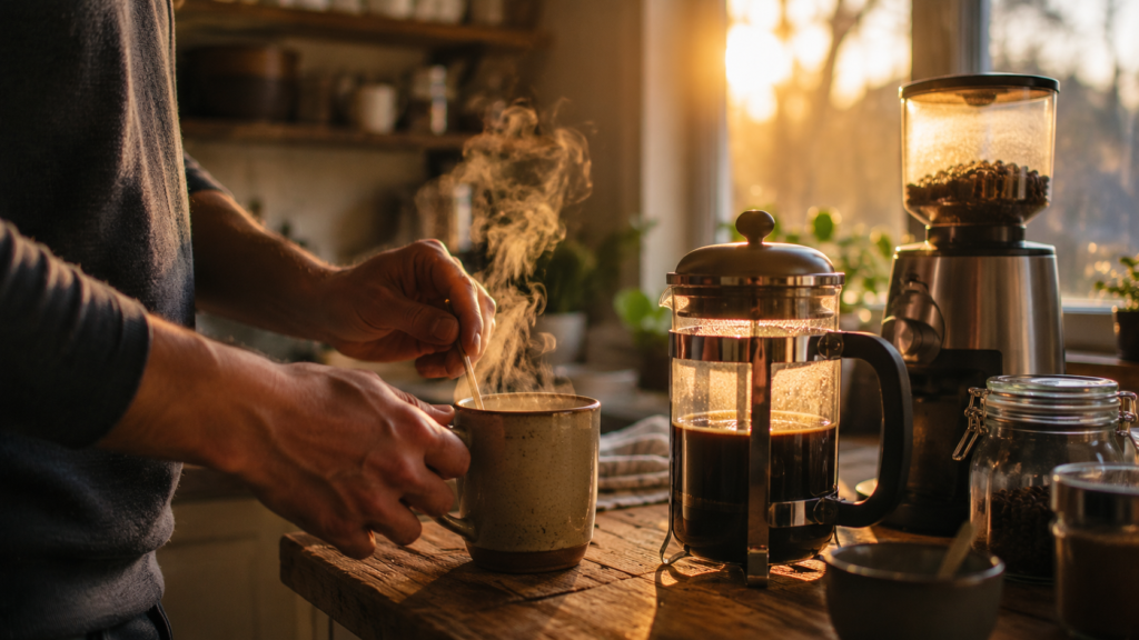 Morning coffee ritual with fresh coffee brewing in a warm kitchen.