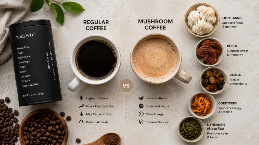 mud/wtr mushroom coffee ingredients compared with regular coffee