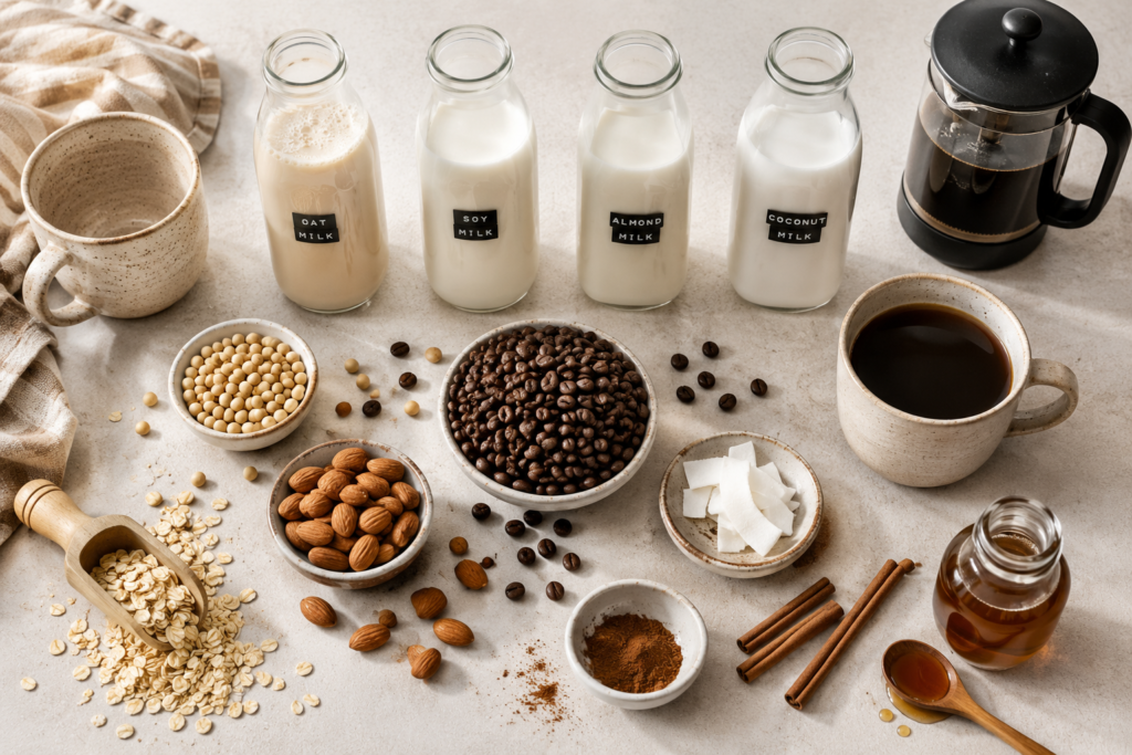 Different plant-based milks used for vegan coffee recipes including oat, soy, almond, and coconut milk.