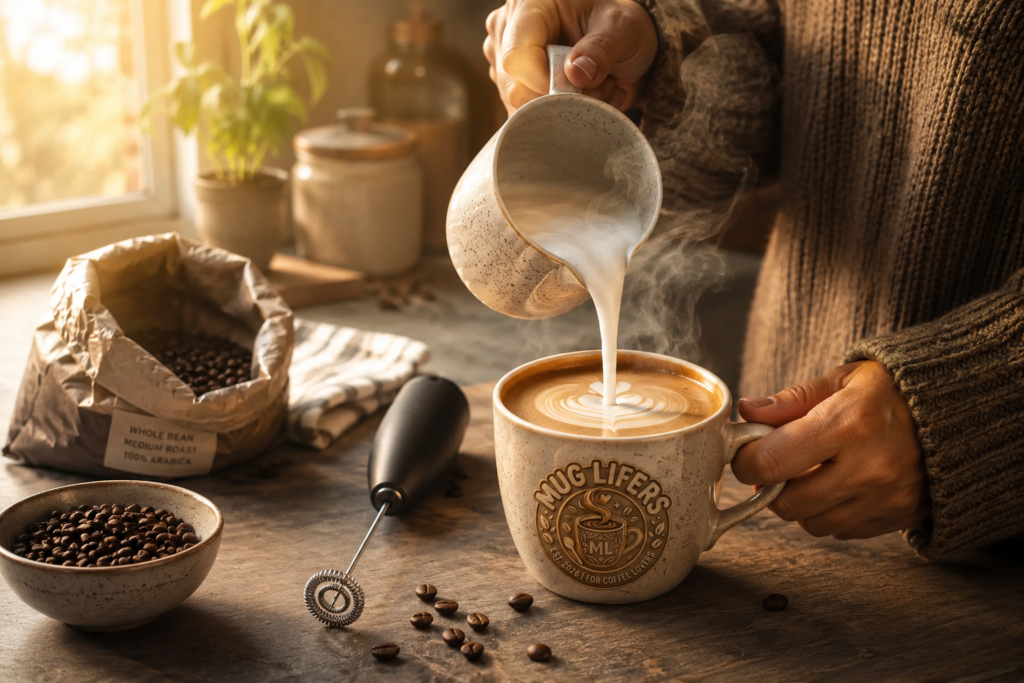 Homemade vegan oat milk latte being prepared in a cozy kitchen.