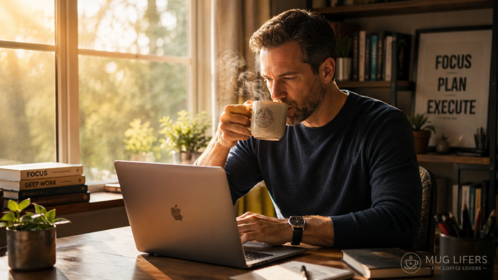 person drinking coffee to improve focus and brain health