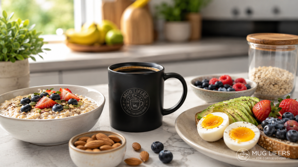 plain coffee beside healthy breakfast foods for balanced energy