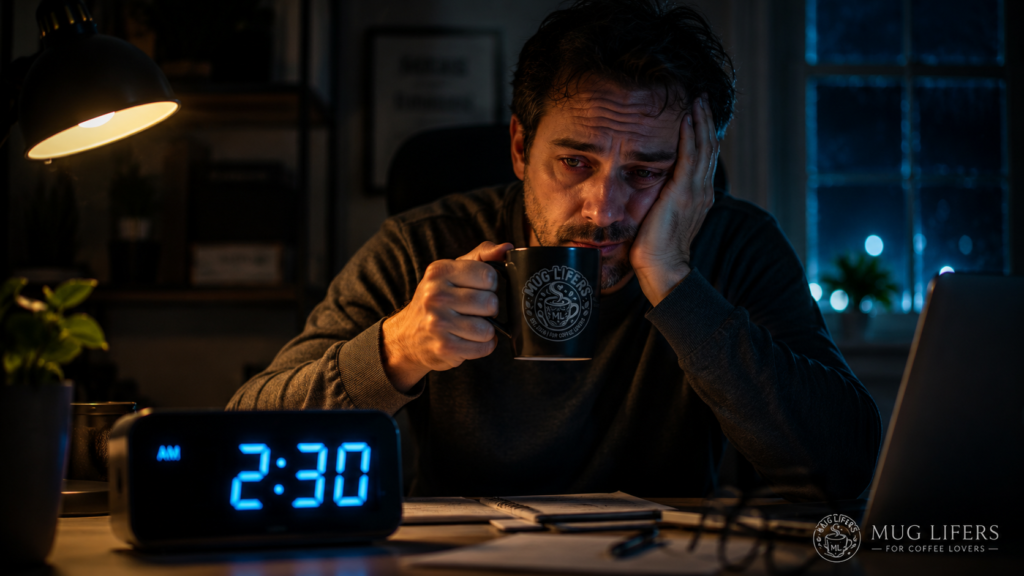 person struggling with too much caffeine and poor sleep