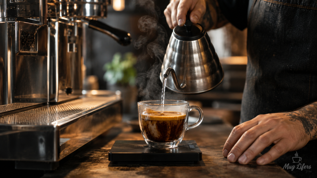 Barista making an Americano by adding hot water to espresso.