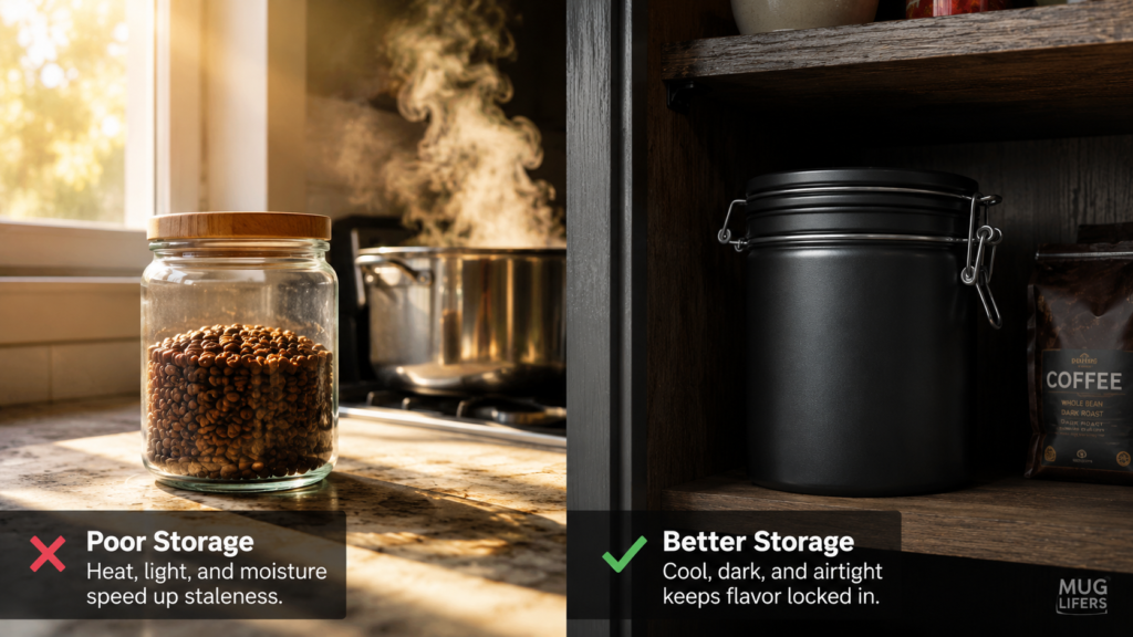 Comparison of poor coffee storage and proper coffee storage methods