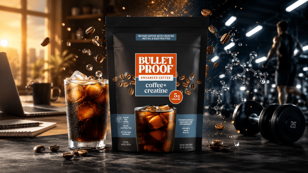 Bulletproof Coffee + Creatine product advertisement featuring a large coffee package on a dark stone countertop beside an iced coffee glass, with floating coffee beans, energy particles, a morning workspace scene on one side, and a gym environment on the other under dramatic cinematic lighting.