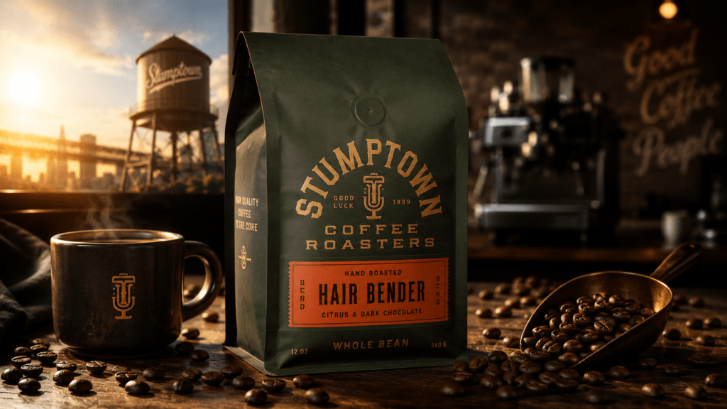 Stumptown Coffee Roasters Hair Bender whole bean coffee advertisement featuring a large coffee bag on a rustic wooden table surrounded by roasted coffee beans, a steaming black coffee mug, and a warm café setting with golden sunrise lighting and premium cinematic atmosphere.