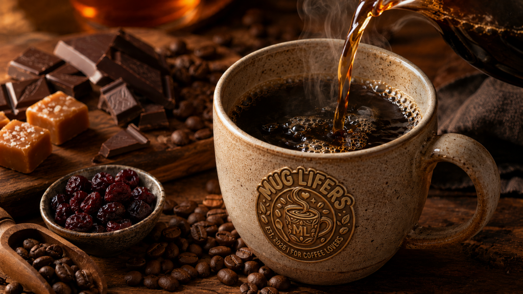 Del Sol coffee flavor notes with chocolate, caramel, and dark cherry beside fresh coffee.