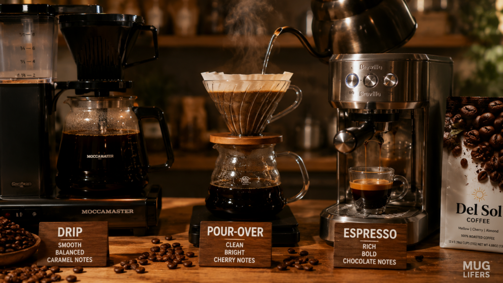 Del Sol coffee brewed as drip coffee, pour-over, and espresso.