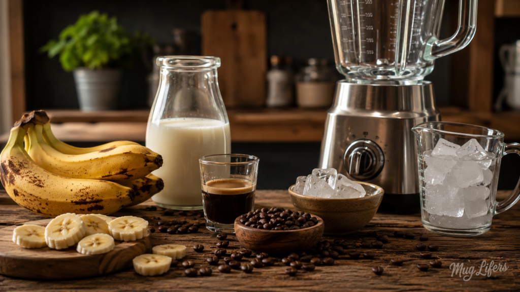 Ingredients used to make a banana iced latte including banana, coffee, milk, and ice.