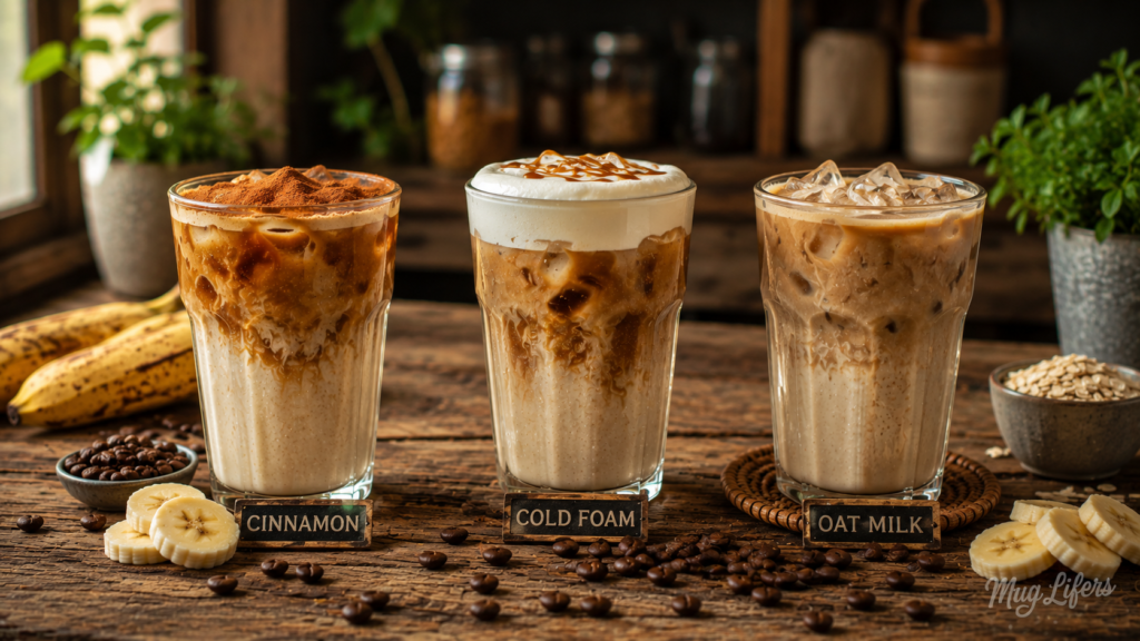 Different banana iced latte variations with cinnamon, cold foam, and oat milk.