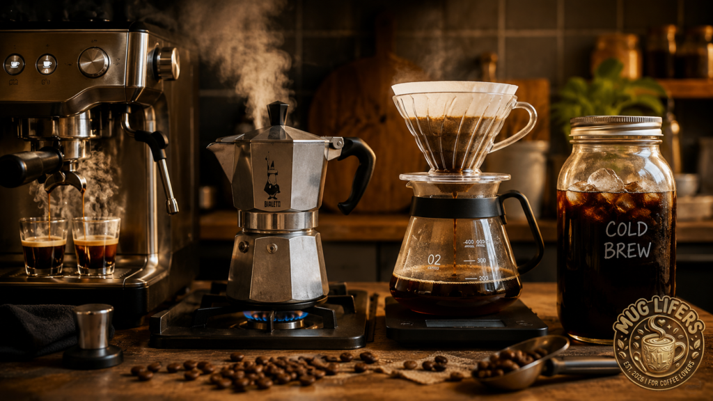 Different coffee brewing methods including espresso, moka pot, pour-over, and cold brew on a kitchen counter.
