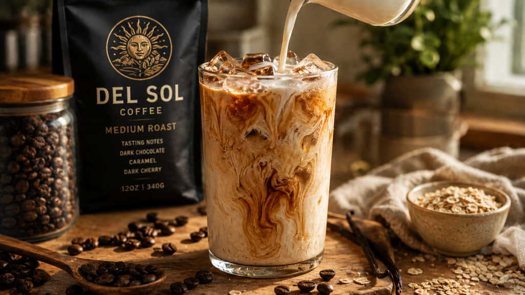 Creamy iced vanilla oat latte with milk swirling into coffee over ice.