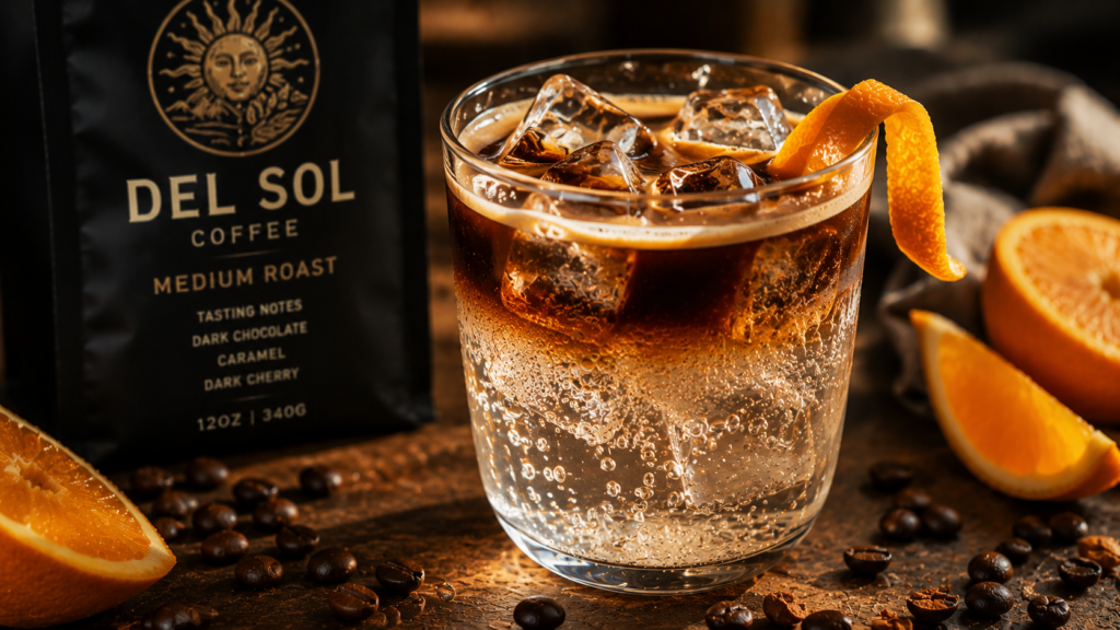 Sparkling espresso tonic with orange peel garnish and layered coffee over tonic water.