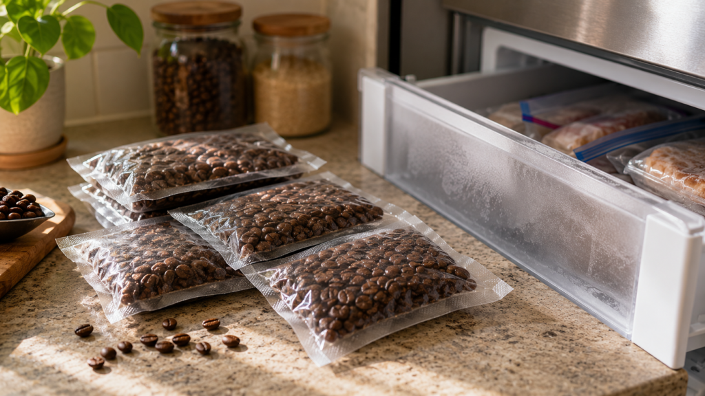Small vacuum-sealed portions of coffee beans prepared for freezer storage.