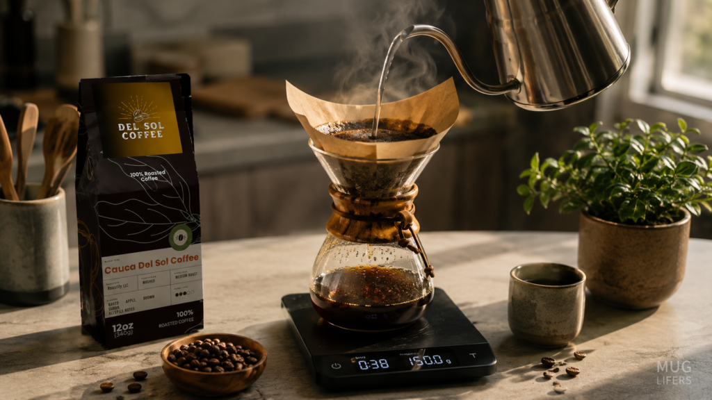 Pour-over brewing setup for Cauca coffee with kettle, filter, scale, and fresh beans.