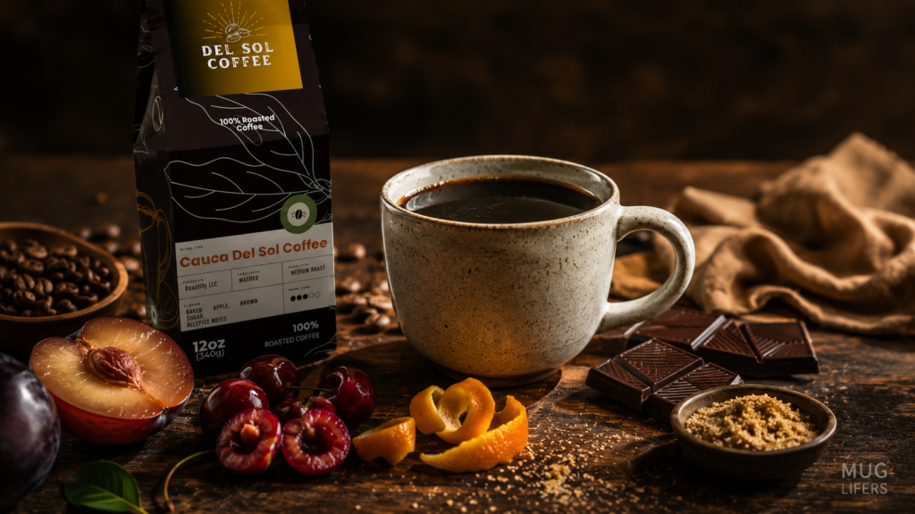 Cauca coffee flavor notes shown with cherry, plum, citrus, chocolate, and brown sugar.