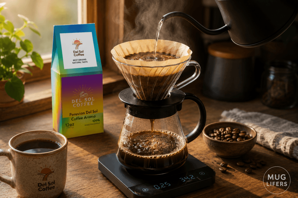 Brewing Peruvian Del Sol Coffee with a pour-over method to highlight its smooth fruity flavor.