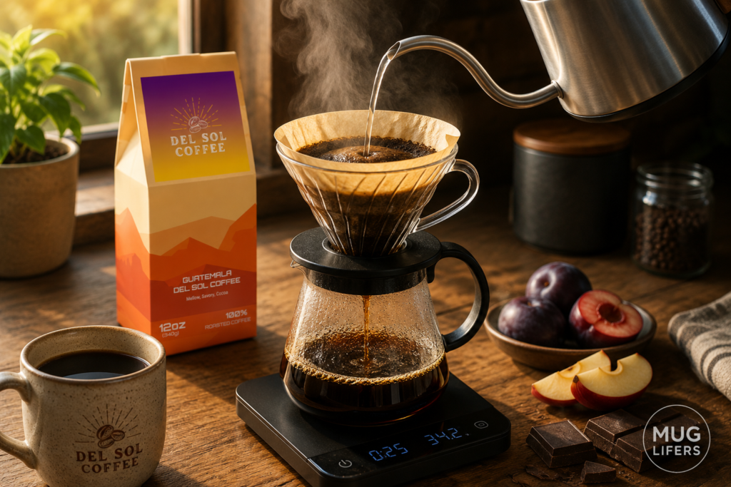 Brewing Guatemala Del Sol Coffee using a pour-over method.
