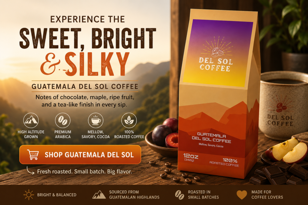 Guatemala Del Sol Coffee promotional banner featuring a coffee bag beside a steaming mug with mountain scenery, chocolate pieces, ripe fruit, and messaging highlighting sweet, bright, silky flavor notes.