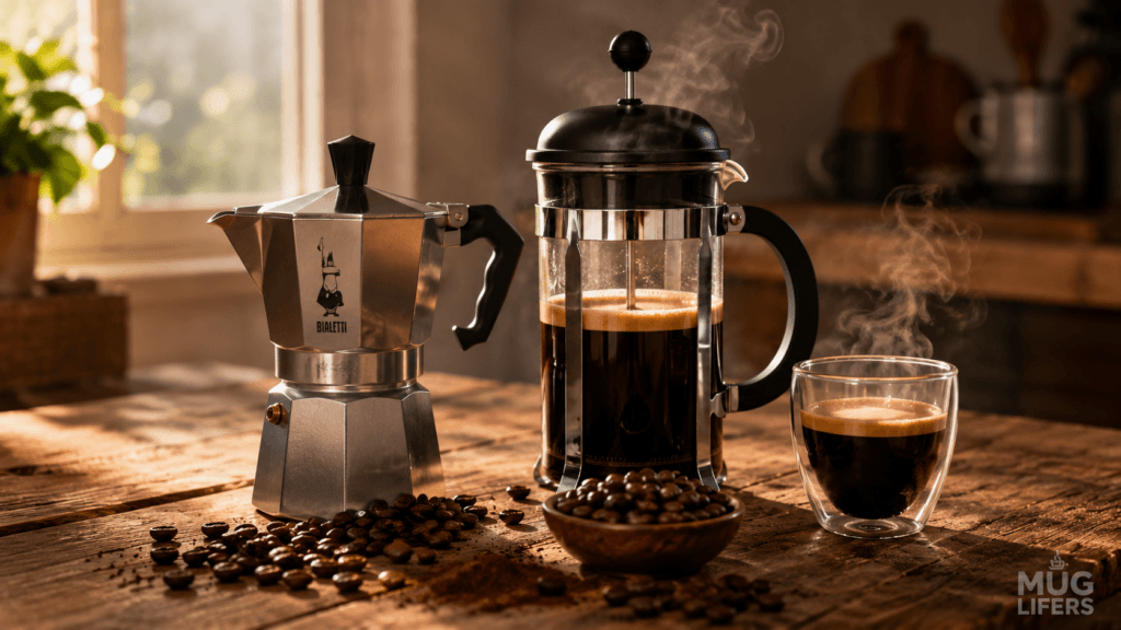French press, moka pot, and espresso coffee brewing methods displayed on a rustic kitchen table.