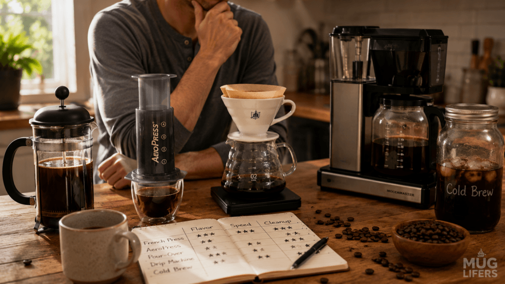 Person comparing coffee brewing methods including French press, AeroPress, pour-over, and drip coffee makers.