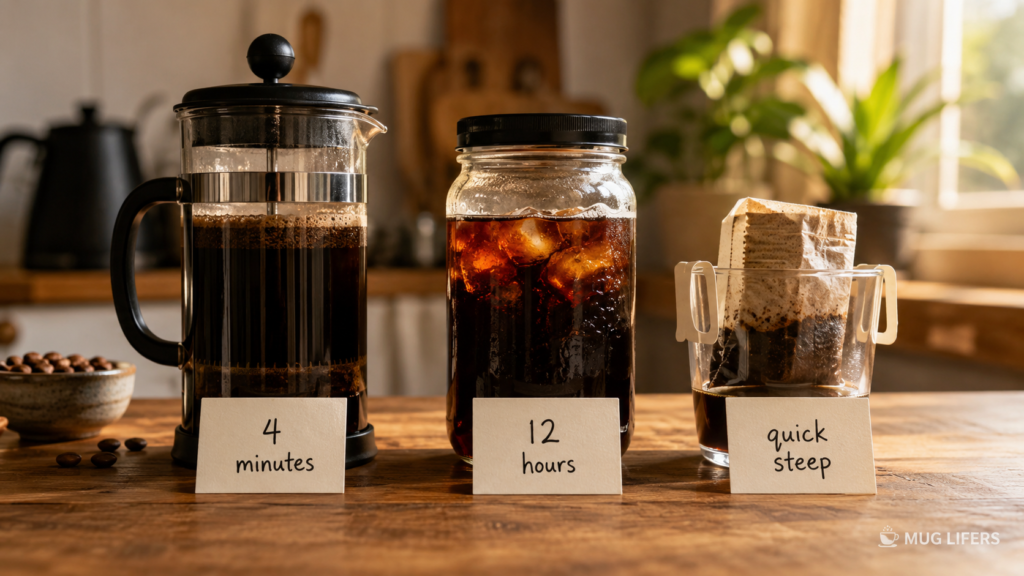 Coffee steeping methods including French press, cold brew, and coffee bags.