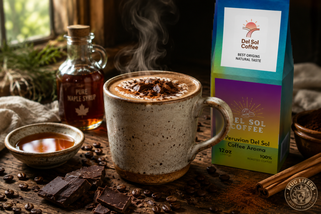 Peruvian maple chocolate latte made with Del Sol coffee beside chocolate and maple syrup.