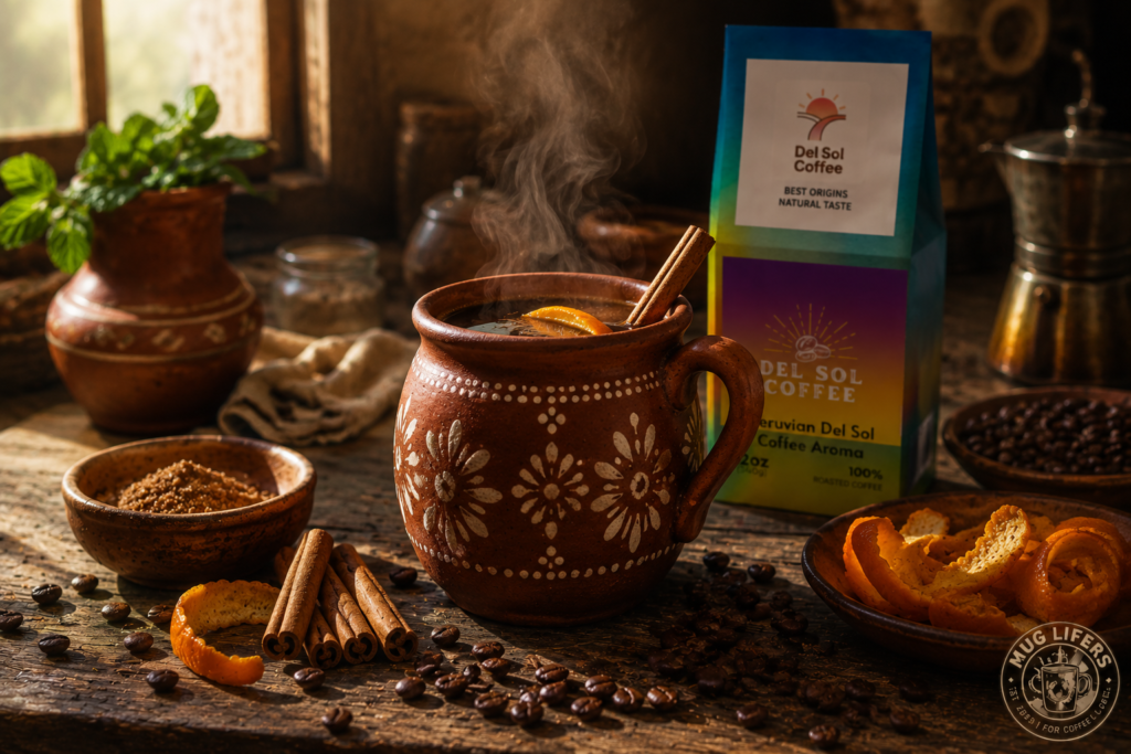 Cinnamon Café de Olla style coffee made with Del Sol coffee and orange peel.