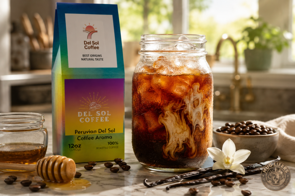 Honey vanilla cold brew coffee made with Del Sol coffee over ice.