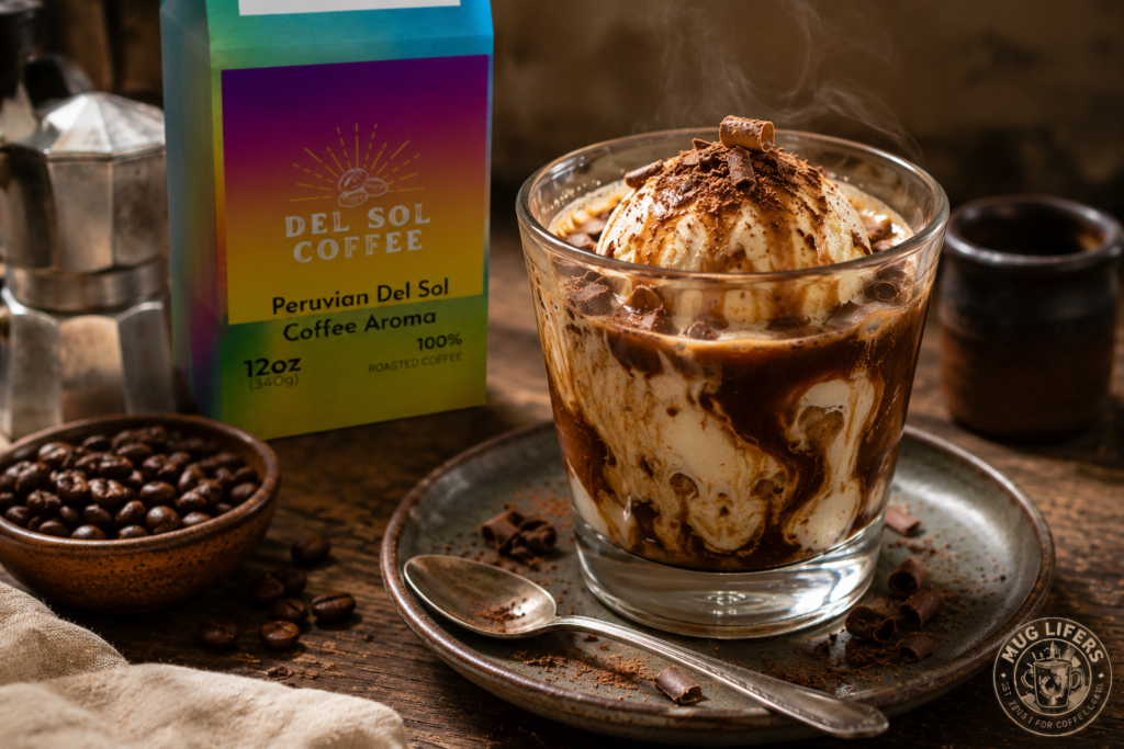 Del Sol mocha affogato with espresso poured over vanilla ice cream.
