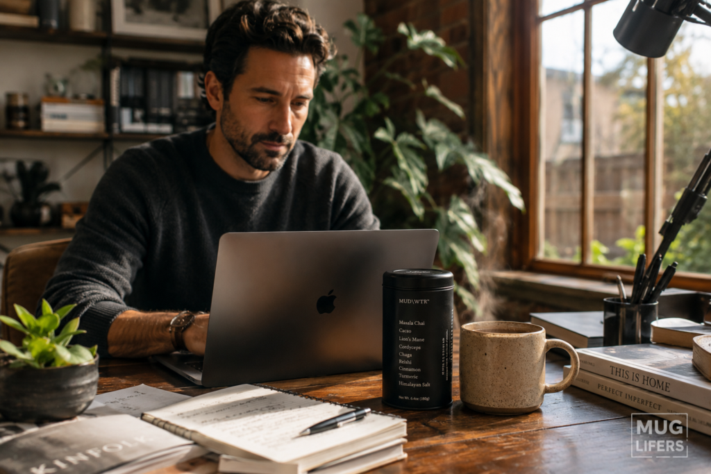 person experiencing benefits of mud wtr mushroom coffee during work session