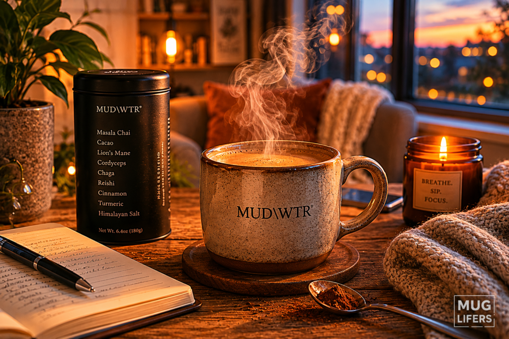 mud wtr mushroom coffee beside relaxing evening setting