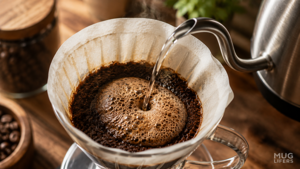 Pour over coffee at home blooming with hot water poured over fresh grounds