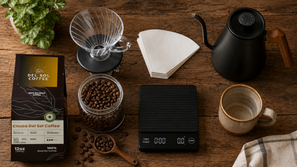 Simple pour over coffee at home setup featuring Del Sol Coffee beans, dripper, filters, scale, kettle, and mug arranged on a rustic table.