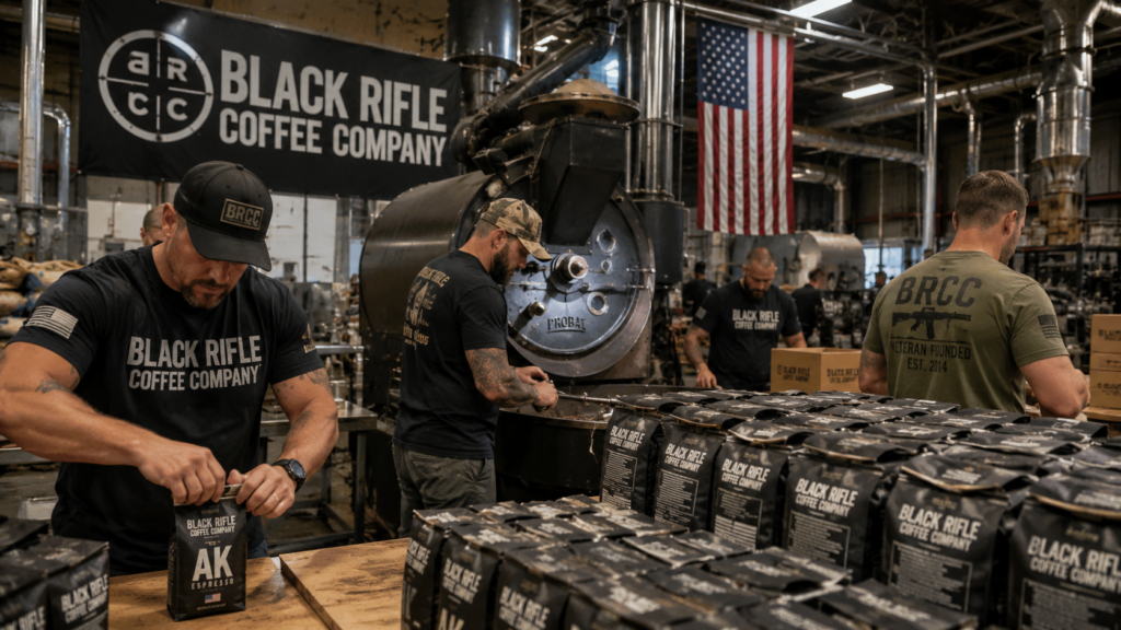 Veterans working inside a coffee roasting and packaging facility.