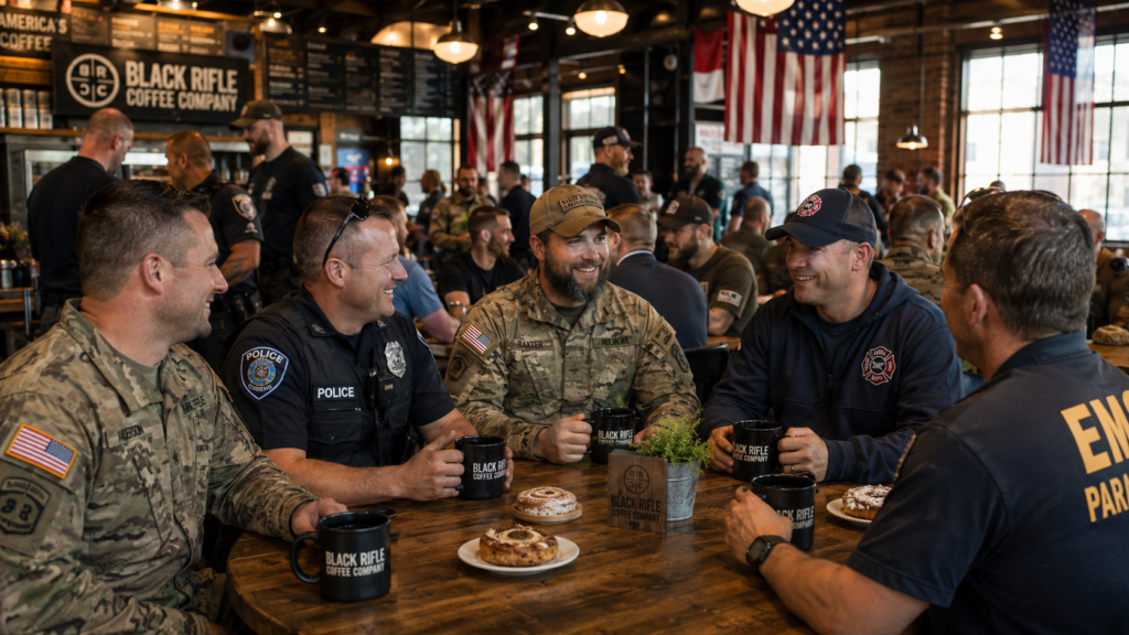 Veterans and first responders gathering at a community coffee event.