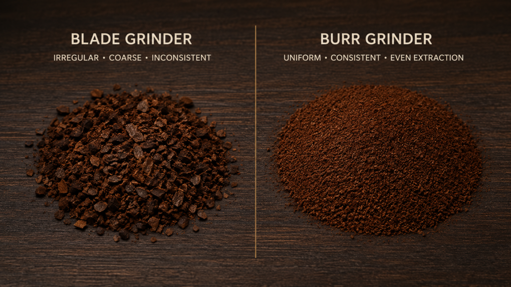 A dark wooden surface displays a side-by-side contrast of coffee grounds. The left side features irregular, coarse particles from a blade grinder, while the right side shows uniform, consistent grounds from a burr grinder.