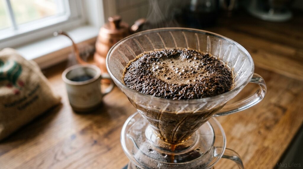 Coffee steeping process showing hot water extracting flavor from coffee grounds.