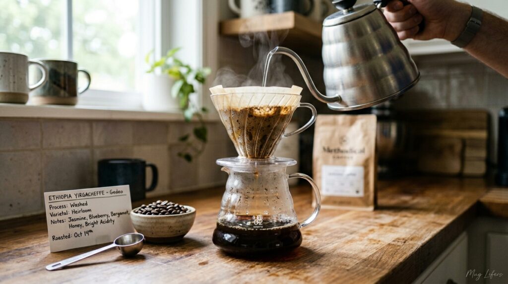 Single-origin coffee brewing in a pour-over dripper with fresh beans nearby.