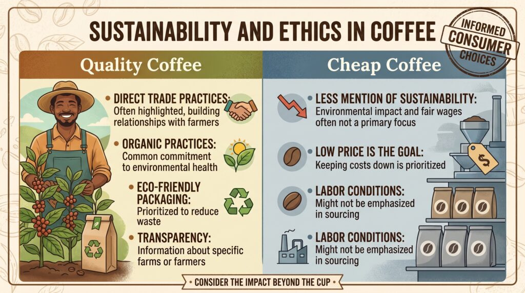 Infographic comparing sustainability and ethics in quality coffee vs cheap coffee, highlighting direct trade, organic practices, eco-friendly packaging, transparency, labor conditions, and low-cost mass production practices.