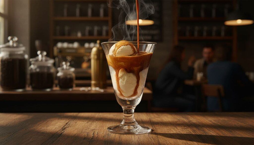 Affogato coffee dessert with espresso poured over vanilla ice cream.
