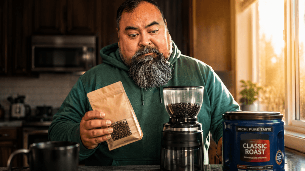 Michael, a bag of whole bean coffee and a grinder