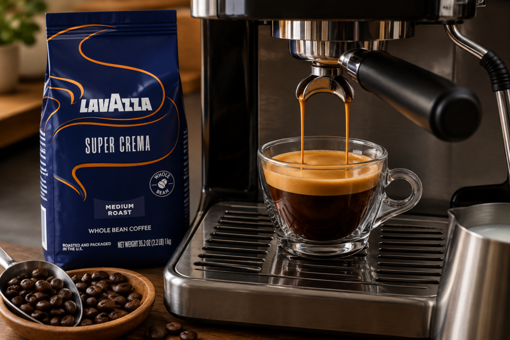 Brewing Lavazza Super Crema whole bean coffee in an espresso machine, showcasing the medium-roast Italian espresso blend known for rich crema, smooth body, and classic hazelnut and cocoa flavors.