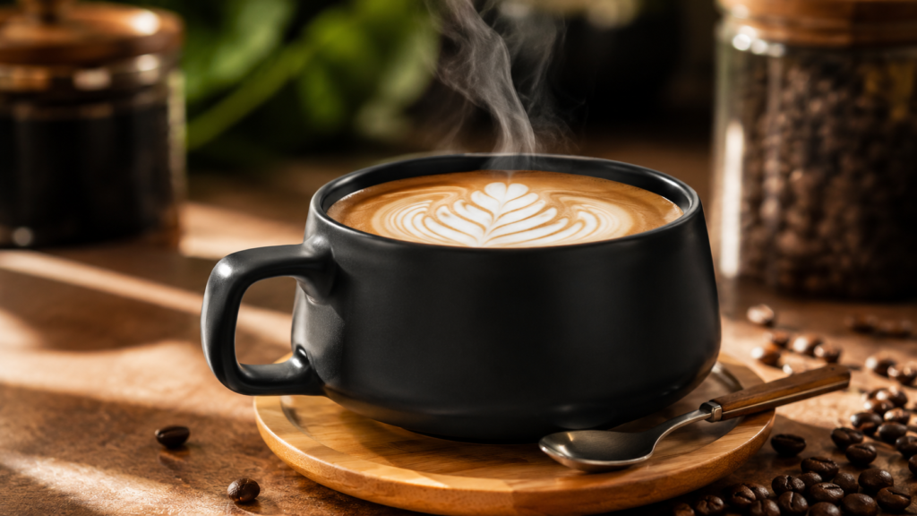 Close-up of a cappuccino with latte art served in a MIAMIO ceramic cup and bamboo saucer.