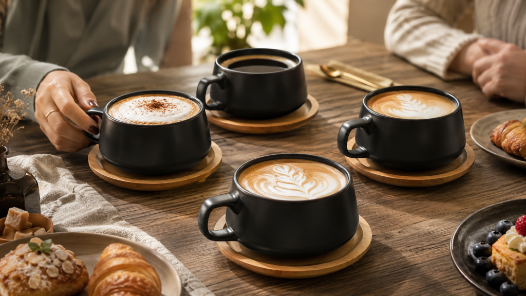 Four MIAMIO cappuccino cups serving specialty coffee drinks during a gathering with friends.