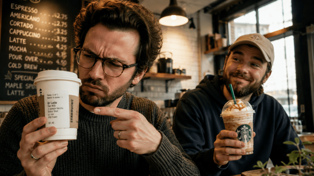 Coffee enthusiast judging a drink while a friend smiles with an iced latte in a cozy café.