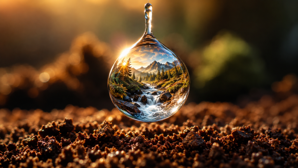 Best water for coffee illustrated by a crystal-clear water droplet reflecting a mountain spring above fresh coffee grounds, highlighting the impact of water chemistry on flavor.