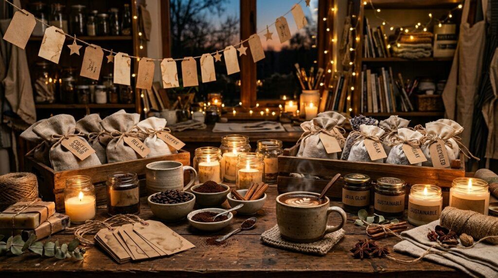 Creative coffee craft ideas featuring upcycled coffee jars, handmade decorations, coffee-stained paper, and sustainable DIY projects.